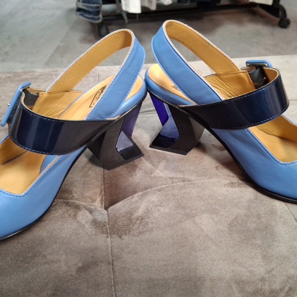 John Fleuvog blue Bolt Geometric slingback heels size 9.5 - Picture 2 of 7